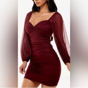 B Darlin Burgundy Backless Dress with Long Sleeves
